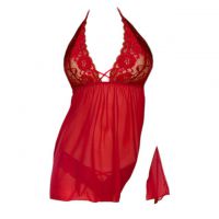 L1141 - Baju Tidur Dinas Malam Wanita Lingerie Mini Dress Gaun Pendek Seksi Halter Merah Transparan