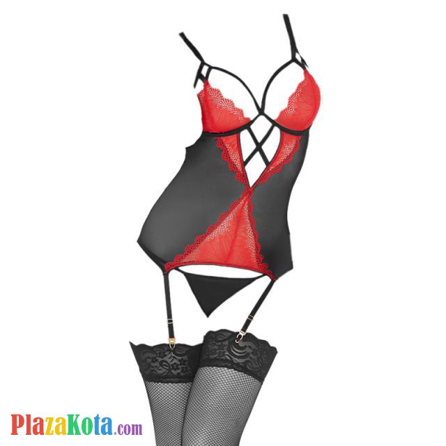 L1146 - Baju Tidur Dinas Malam Wanita Lingerie Set Stocking Seksi Hitam Transparan Kain Renda Merah Garter Strap - Photo 1