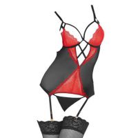 L1146 - Baju Tidur Dinas Malam Wanita Lingerie Set Stocking Seksi Hitam Transparan Kain Renda Merah Garter Strap