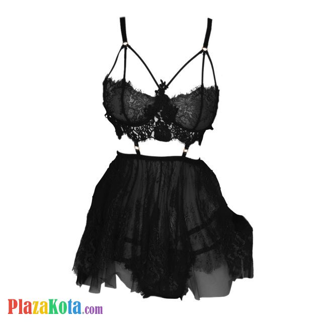 L1154 - Baju Tidur Dinas Malam Wanita Lingerie Babydoll Mini Dress Seksi Hitam Transparan Pengait Belakang - Photo 1