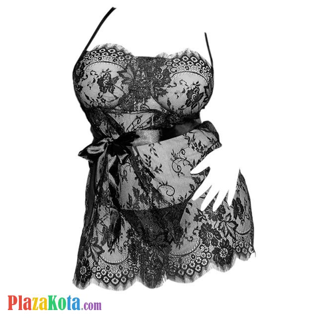 L1171 - Baju Tidur Dinas Malam Wanita Lingerie Jumbo Seksi Mini Dress Gaun Pendek Tali Silang Hitam Ikat Pinggang - Photo 1