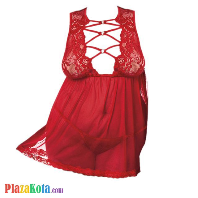 L1173 - Baju Tidur Dinas Malam Wanita Lingerie Jumbo Seksi Babydoll Mini Dress Merah Transparan Ikat Belakang - Photo 1