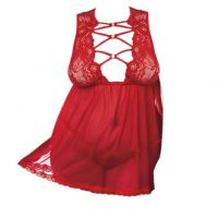 L1173 - Baju Tidur Dinas Malam Wanita Lingerie Jumbo Seksi Babydoll Mini Dress Merah Transparan Ikat Belakang