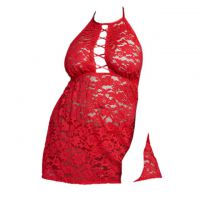 L1179 - Baju Tidur Dinas Malam Wanita Lingerie Jumbo Seksi Mini Dress Gaun Pendek Halter Merah Transparan