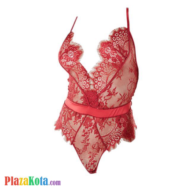 L1181 - Baju Tidur Dinas Malam Wanita Lingerie Teddy Bodysuit Seksi Tali Silang Merah Transparan Belahan Dada Rendah - Photo 1