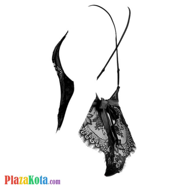 L1182 - Baju Tidur Dinas Malam Wanita Lingerie Teddy Bodysuit Seksi Tali Silang Hitam Transparan Belahan Dada Rendah - Photo 2