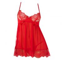 L1183 - Baju Tidur Dinas Malam Wanita Lingerie Mini Dress Gaun Pendek Seksi Merah Transparan Bra Kawat
