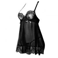 L1184 - Baju Tidur Dinas Malam Wanita Lingerie Mini Dress Gaun Pendek Seksi Hitam Transparan Bra Kawat