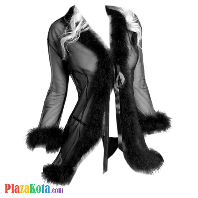 L1191 - Baju Tidur Dinas Malam Wanita Lingerie Kimono Jubah Seksi Hitam Transparan Lengan Panjang Tepi Bulu - Photo 1