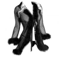 L1191 - Baju Tidur Dinas Malam Wanita Lingerie Kimono Jubah Seksi Hitam Transparan Lengan Panjang Tepi Bulu