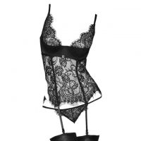 L1192 - Baju Tidur Dinas Malam Wanita Lingerie Set Stocking Seksi Hitam Transparan Bra Kawat Garter Strap