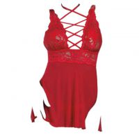 L1195 - Baju Tidur Dinas Malam Wanita Lingerie Mini Dress Gaun Pendek Seksi Merah Transparan