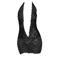 L1198 - Baju Tidur Dinas Malam Wanita Lingerie Bodycon Sheath Dress Seksi Halter Hitam Transparan Belahan Dada Rendah