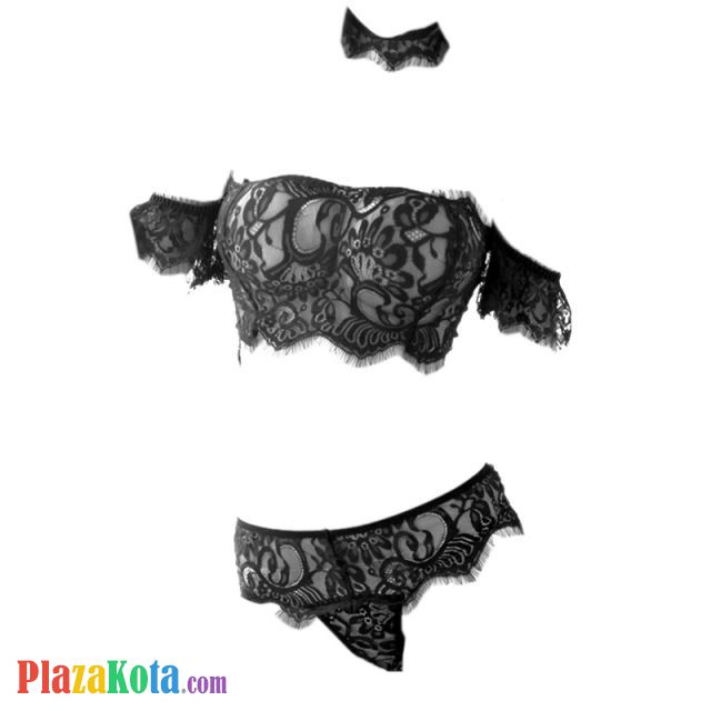B330 - Pakaian Dalam Wanita Bra Set Bralette Seksi Kemben Lengan Pendek Hitam Transparan Kalung Choker Kain - Photo 1