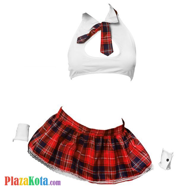 B332 - Lingerie Costume Cosplay Seksi Tema Pelajar Seragam Sekolah Student Halter Putih Rok Merah Dasi Gelang Wristband - Photo 1