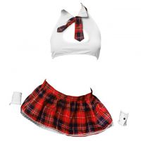 B332 - Lingerie Costume Cosplay Seksi Tema Pelajar Seragam Sekolah Student Halter Putih Rok Merah Dasi Gelang Wristband
