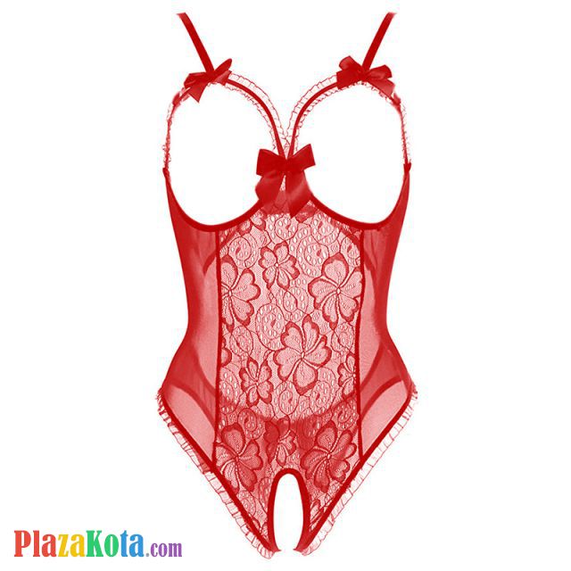 L1222 - Baju Tidur Dinas Malam Wanita Lingerie Teddy Bodysuit Seksi Merah Transparan Open Cup Crotchless - Photo 1