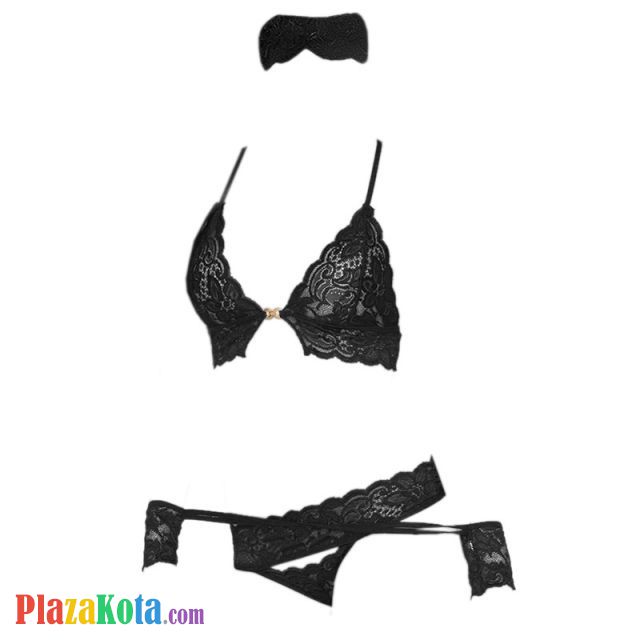 B335 - Pakaian Dalam Wanita Bra Set Bralette Seksi Hitam Transparan Topeng Wajah Gelang Wristband - Photo 1