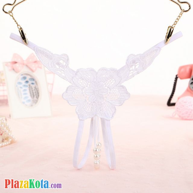 GS294 - Celana Dalam Wanita G-String Mutiara Seksi T-Back Bunga Crotchless Putih - Photo 1