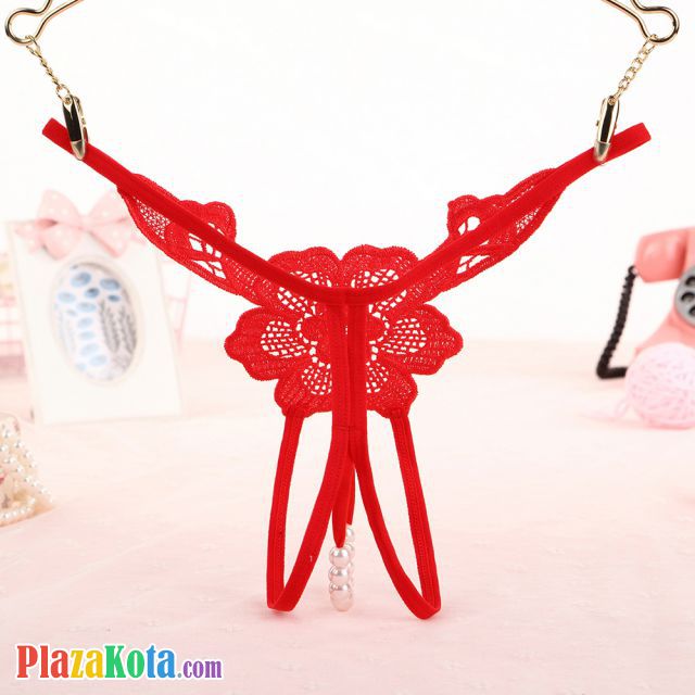 GS296 - Celana Dalam Wanita G-String Mutiara Seksi T-Back Bunga Crotchless Merah - Photo 2