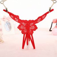 GS296 - Celana Dalam Wanita G-String Mutiara Seksi T-Back Bunga Crotchless Merah