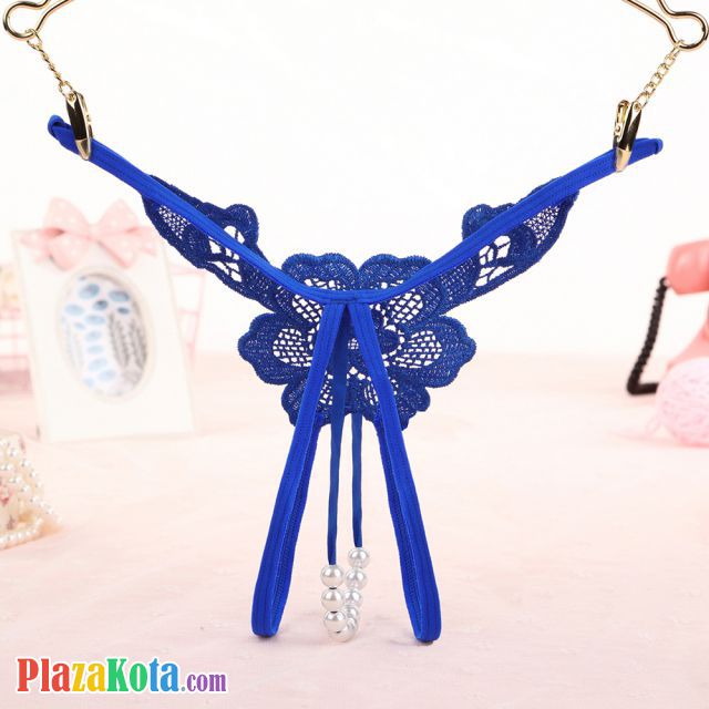 GS297 - Celana Dalam Wanita G-String Mutiara Seksi T-Back Bunga Crotchless Biru - Photo 2