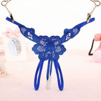 GS297 - Celana Dalam Wanita G-String Mutiara Seksi T-Back Bunga Crotchless Biru