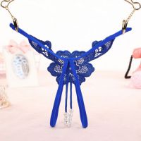 GS297 - Celana Dalam Wanita G-String Mutiara Seksi T-Back Bunga Crotchless Biru - 2