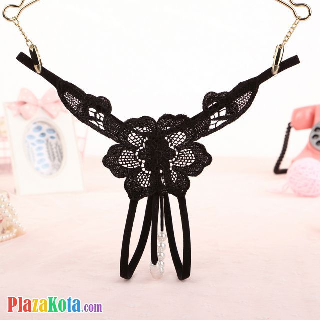 GS298 - Celana Dalam Wanita G-String Mutiara Seksi T-Back Bunga Crotchless Hitam - Photo 1