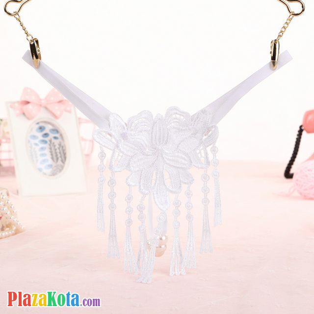 GS304 - Celana Dalam Wanita G-String Mutiara Seksi T-Back Rumbai Putih - Photo 1