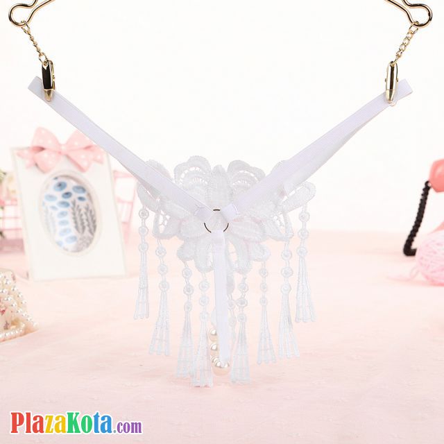 GS304 - Celana Dalam Wanita G-String Mutiara Seksi T-Back Rumbai Putih - Photo 2