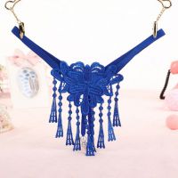 GS307 - Celana Dalam Wanita G-String Mutiara Seksi T-Back Rumbai Biru