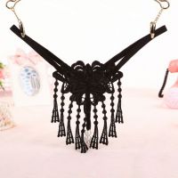 GS308 - Celana Dalam Wanita G-String Mutiara Seksi T-Back Rumbai Hitam