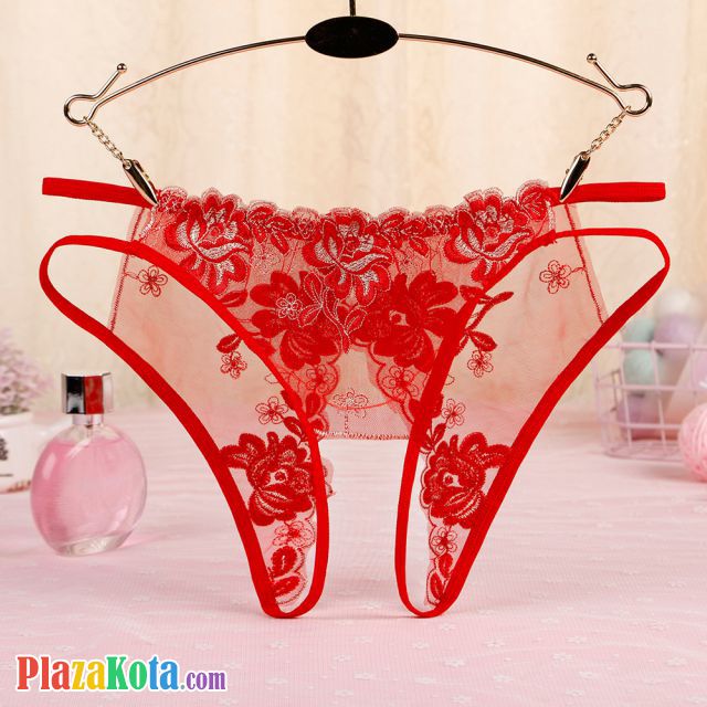 P557 - Celana Dalam Wanita Panties Hipster Seksi Merah Transparan Bunga Merah Crotchless Tali 2 - Photo 1