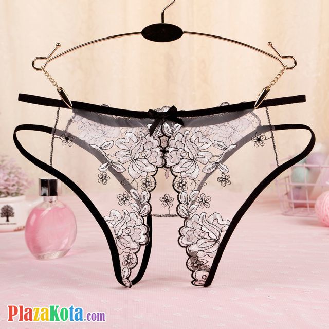 P558 - Celana Dalam Wanita Panties Hipster Seksi Hitam Transparan Bunga Putih Crotchless Tali 2 - Photo 2