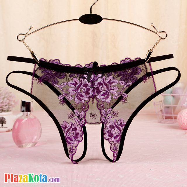 P560 - Celana Dalam Wanita Panties Hipster Seksi Hitam Transparan Bunga Ungu Crotchless Tali 2 - Photo 2