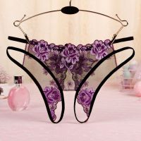 P560 - Celana Dalam Wanita Panties Hipster Seksi Hitam Transparan Bunga Ungu Crotchless Tali 2