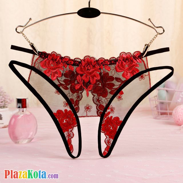 P561 - Celana Dalam Wanita Panties Hipster Seksi Hitam Transparan Bunga Merah Crotchless Tali 2 - Photo 1