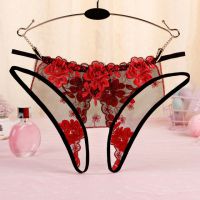 P561 - Celana Dalam Wanita Panties Hipster Seksi Hitam Transparan Bunga Merah Crotchless Tali 2