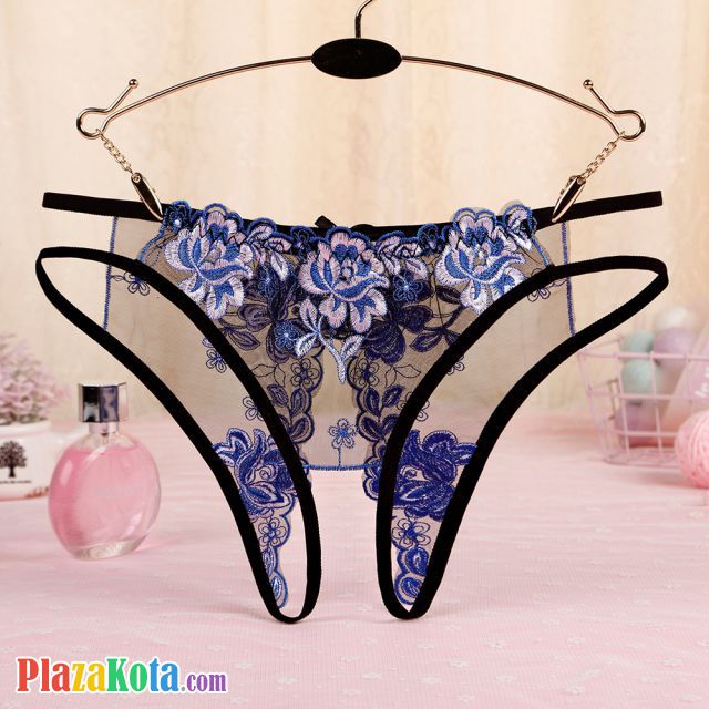 P562 - Celana Dalam Wanita Panties Hipster Seksi Hitam Transparan Bunga Biru Crotchless Tali 2 - Photo 1