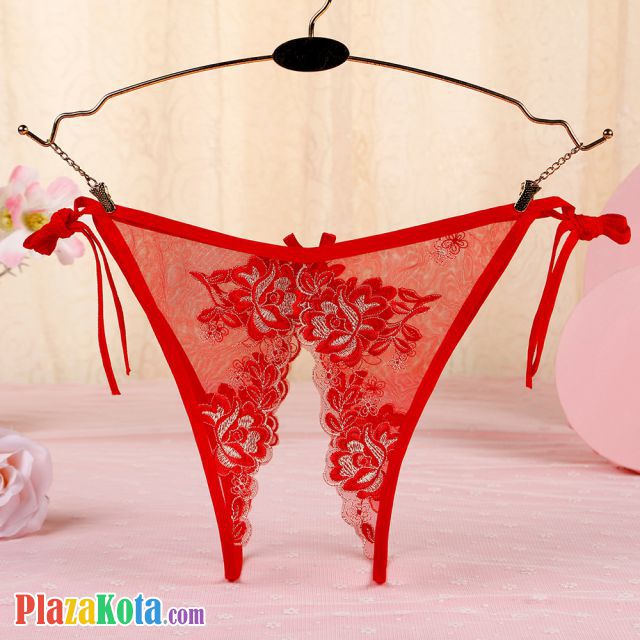 P564 - Celana Dalam Wanita Panties Thong Seksi Merah Transparan Bunga Merah Crotchless Ikat Samping - Photo 2