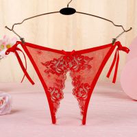 P564 - Celana Dalam Wanita Panties Thong Seksi Merah Transparan Bunga Merah Crotchless Ikat Samping