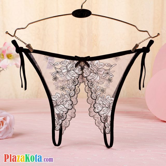 P565 - Celana Dalam Wanita Panties Thong Seksi Hitam Transparan Bunga Putih Crotchless Ikat Samping - Photo 1