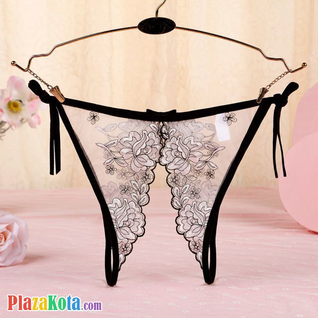 P565 - Celana Dalam Wanita Panties Thong Seksi Hitam Transparan Bunga Putih Crotchless Ikat Samping - Photo 2