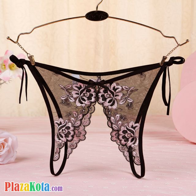 P566 - Celana Dalam Wanita Panties Thong Seksi Hitam Transparan Bunga Pink Crotchless Ikat Samping - Photo 1