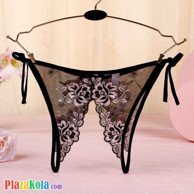P566 - Celana Dalam Wanita Panties Thong Seksi Hitam Transparan Bunga Pink Crotchless Ikat Samping - Photo 2