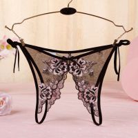 P566 - Celana Dalam Wanita Panties Thong Seksi Hitam Transparan Bunga Pink Crotchless Ikat Samping