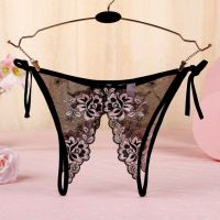 P566 - Celana Dalam Wanita Panties Thong Seksi Hitam Transparan Bunga Pink Crotchless Ikat Samping - 2