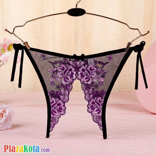 P567 - Celana Dalam Wanita Panties Thong Seksi Hitam Transparan Bunga Ungu Crotchless Ikat Samping - Photo 1