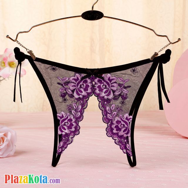 P567 - Celana Dalam Wanita Panties Thong Seksi Hitam Transparan Bunga Ungu Crotchless Ikat Samping - Photo 2